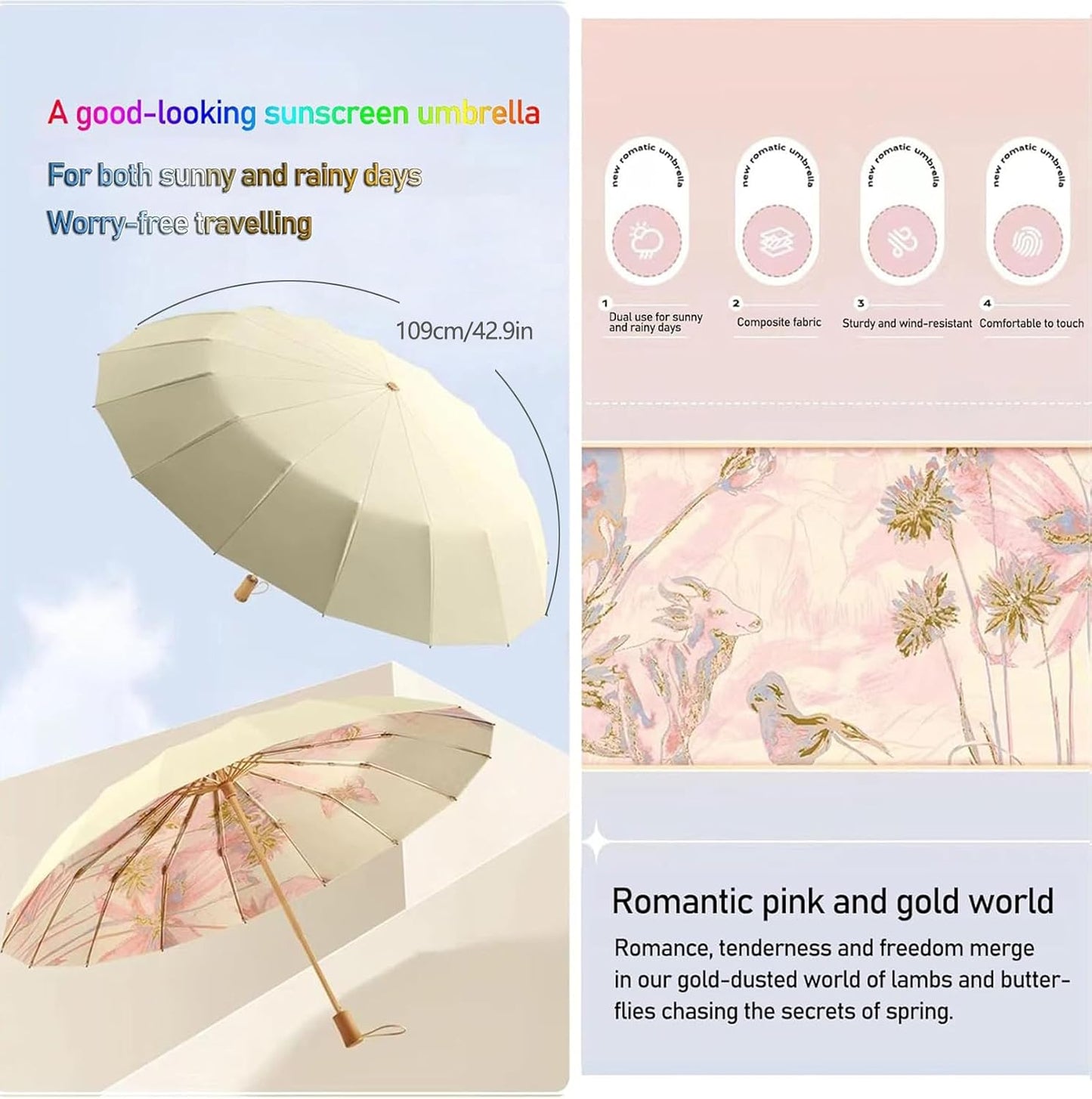 Compact Umbrellas For Rain and Sun UPF 50+ UV Protection Travel Size Windproof waterproofing and Strong Travel Essentials for Men Women 16 Ribs Wooden Handle Pink Backpacks Car Birthday Gifts For Women Lightweight 0.85LB