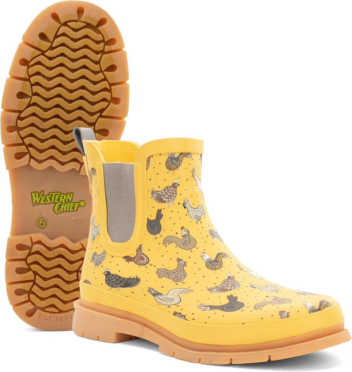 Western Chief Women's Waterproof Pull-On Chelsea Rain Boot with Fun Prints | Ladies slip-on ankle boots with rubber sole, cushioned EVA insole, built for wet days and styled for any occasion