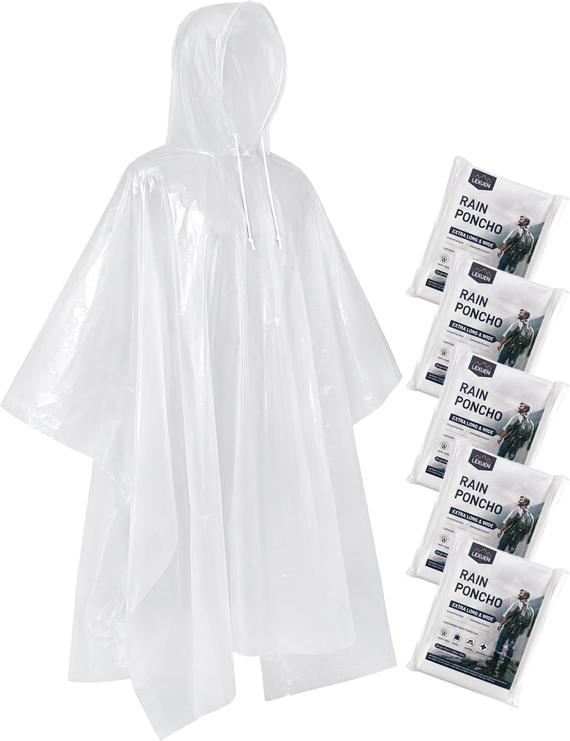 Disposable Rain Ponchos for Adults, Extra Long and Thickened with Drawstring Hood (5 Pack)
