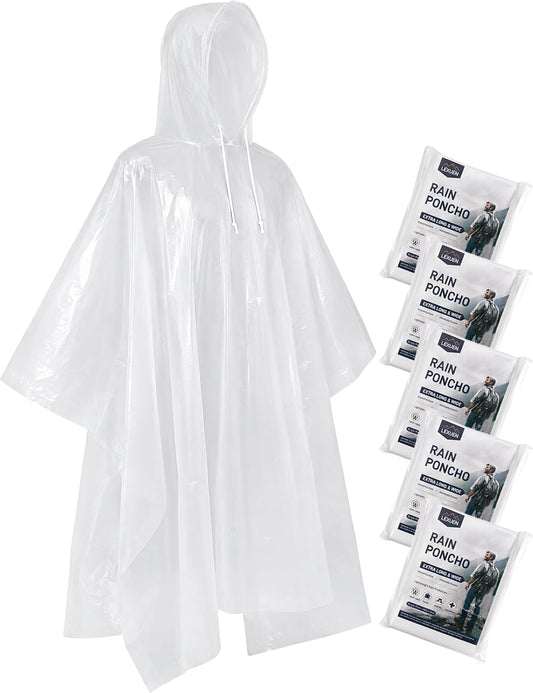 Disposable Rain Ponchos for Adults, Extra Long and Thickened with Drawstring Hood (5 Pack)