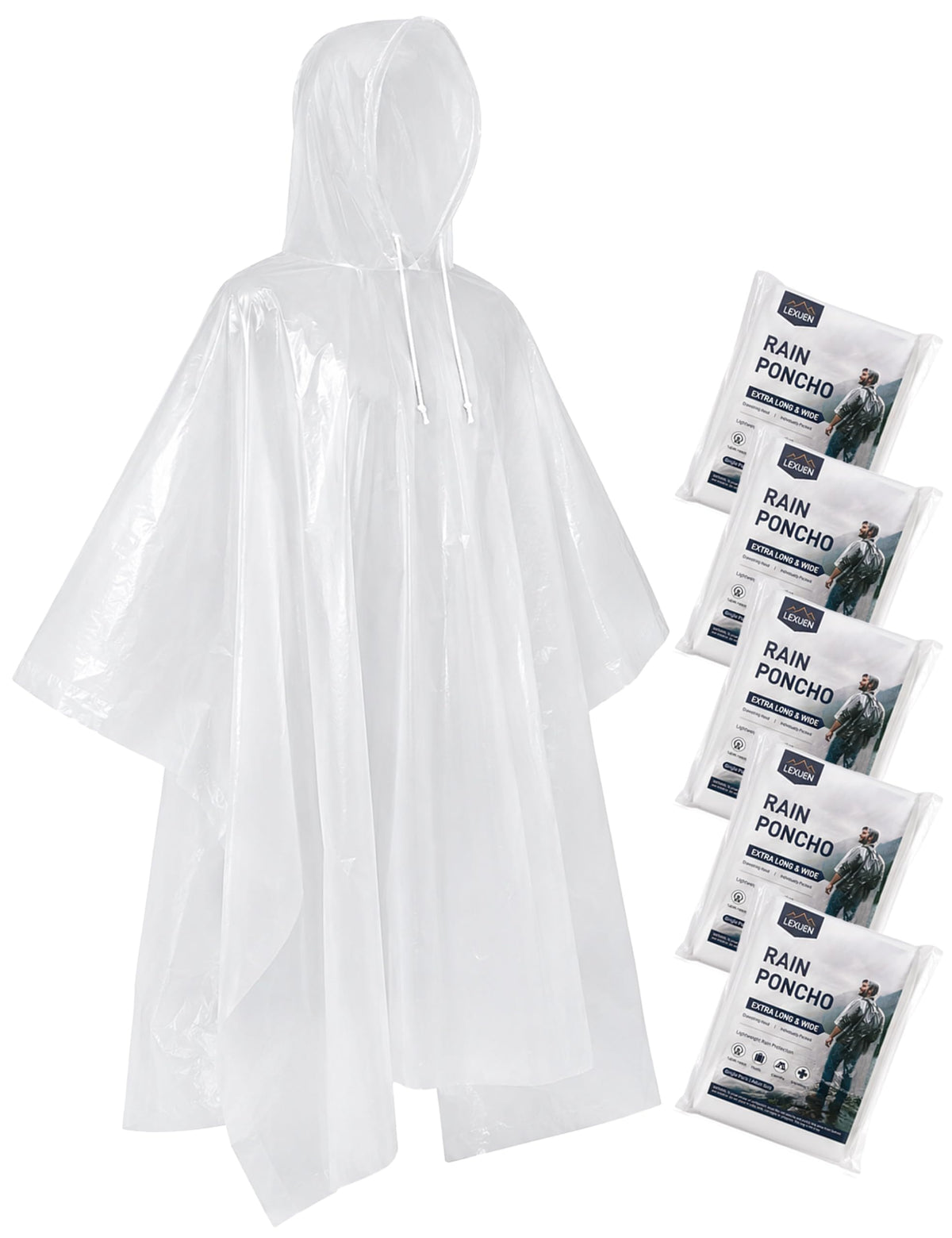Disposable Rain Ponchos for Adults, Extra Long and Thickened with Drawstring Hood (5 Pack)