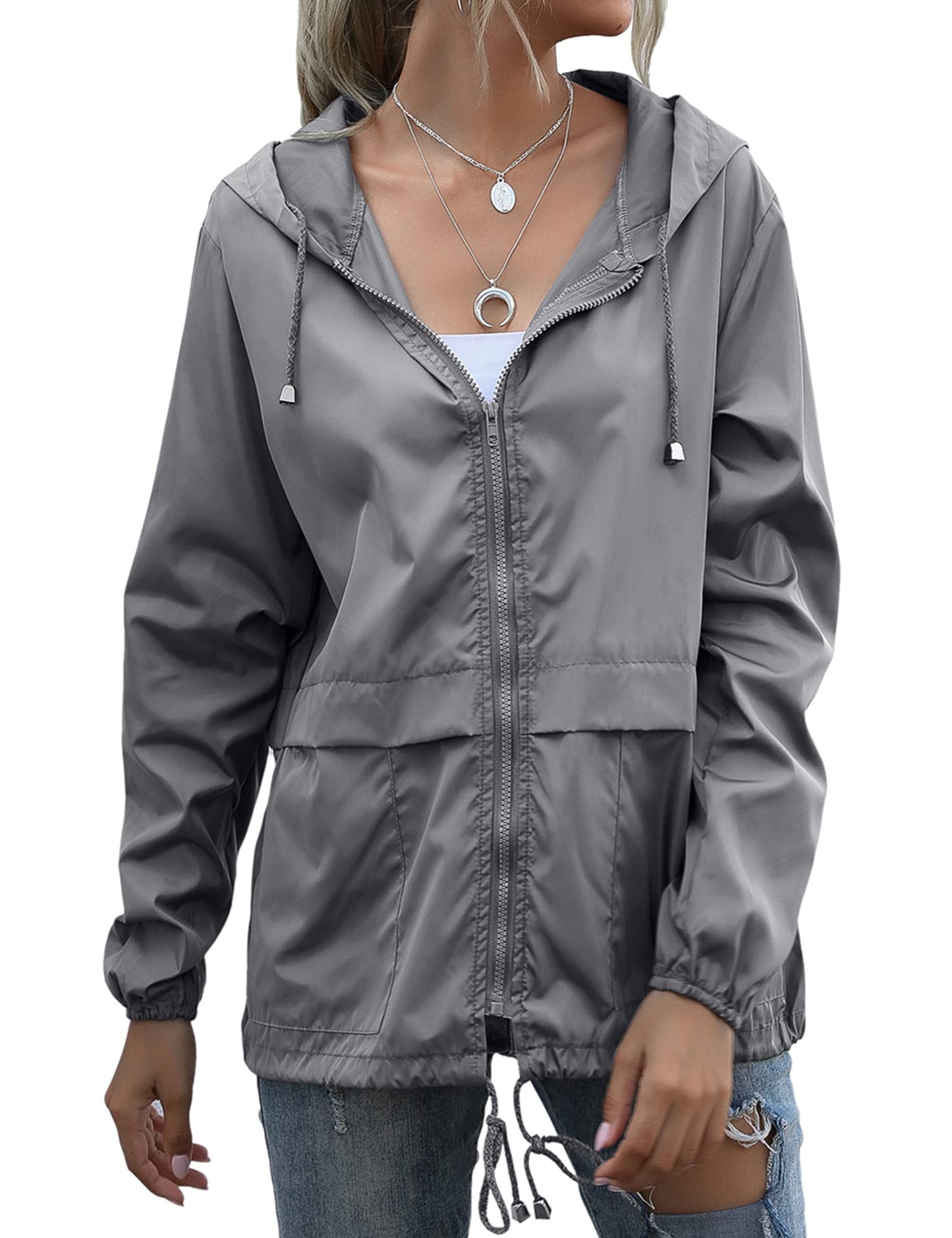 Women's Waterproof Raincoat Lightweight Rain Jacket Hooded Windbreaker with Pockets for Outdoor