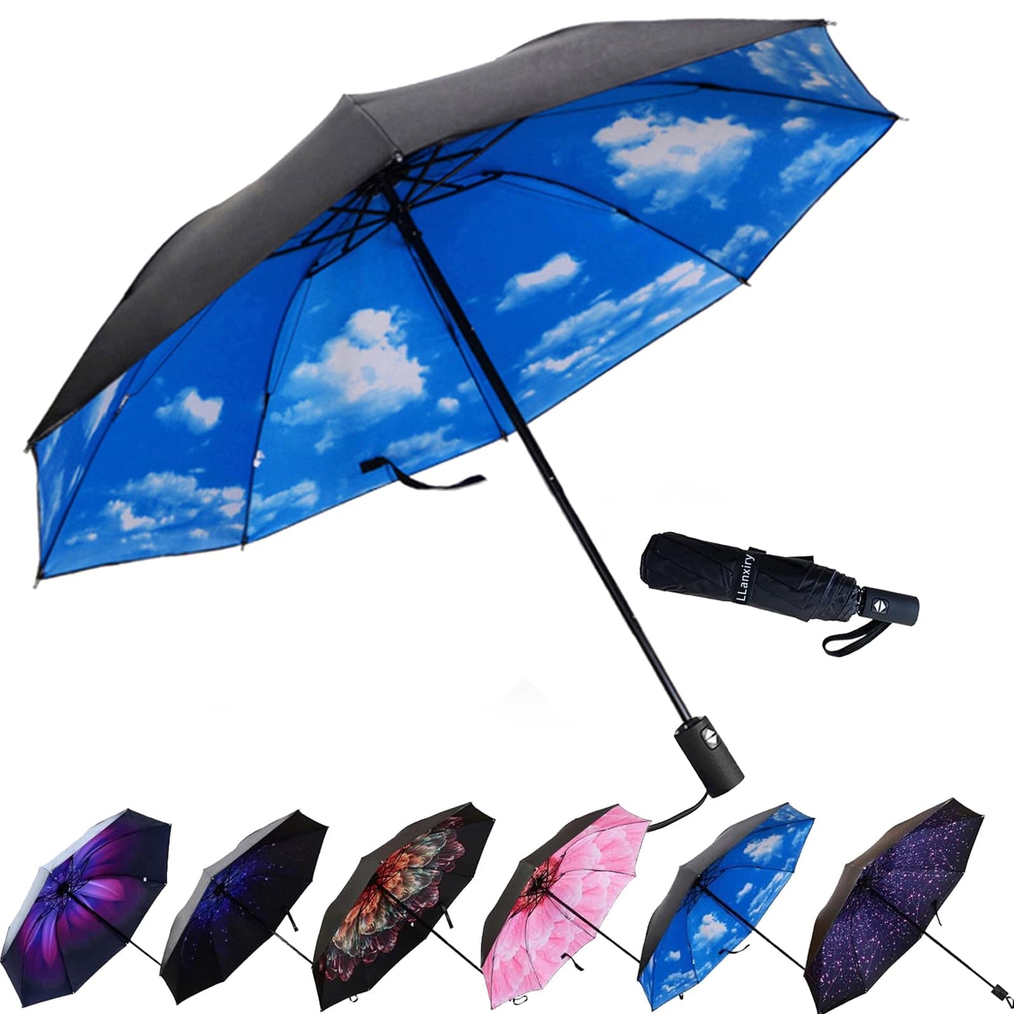 LLanxiry Compact Travel Umbrella, Windproof Automatic Umbrellas for Rain | Small, Portable, Folding, Lightweight, Waterproof, Backpacks, Purses, Cars, Commuting, Walk, School, Men, Women