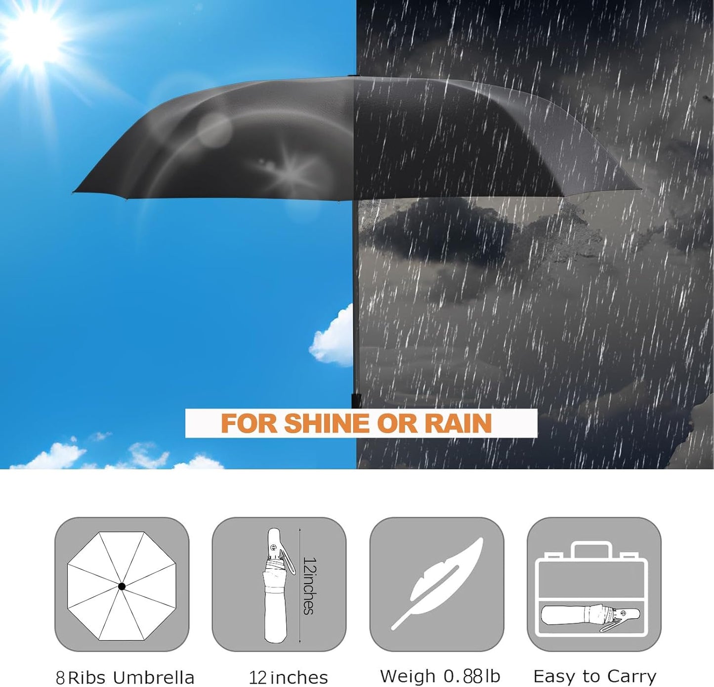 Folding Umbrella, Automatic Small Compact, Sun & Rain | Portable & Lightweight, 8 Ribs, Windproof, UV Protection, for Travel, Outdoor, Commute & Women