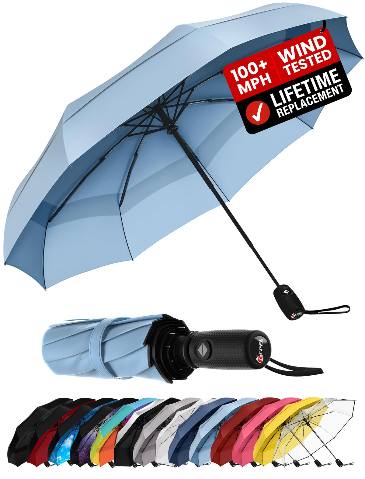 Windproof Travel Umbrella - Compact & Withstands Winds up to 100MPH, Strongest Premium Auto Folding Umbrella for Rain and Sun - Durable, Light & Portable for Women & Men, Fits Backpack & Cars