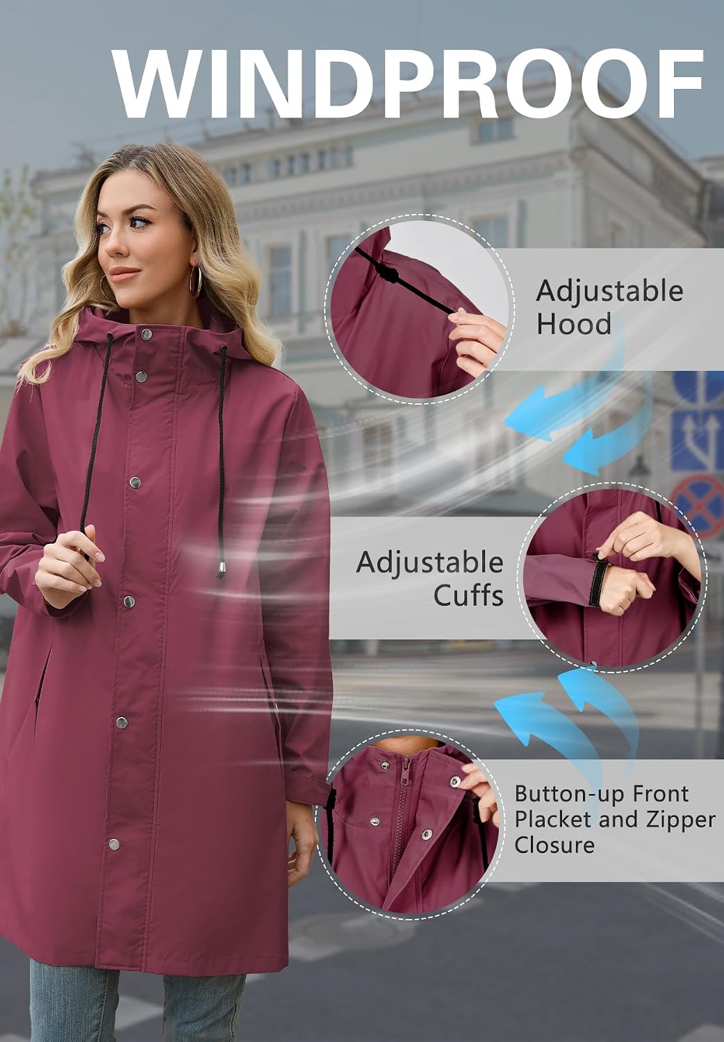 Zando Long Packable Rain Jacket Women Waterproof Raincoat with Hood | Relaxed-Fit Lightweight Windbreaker for Women; Travel Rain Coats for Commute, Hiking, Cruise, and Daily wear