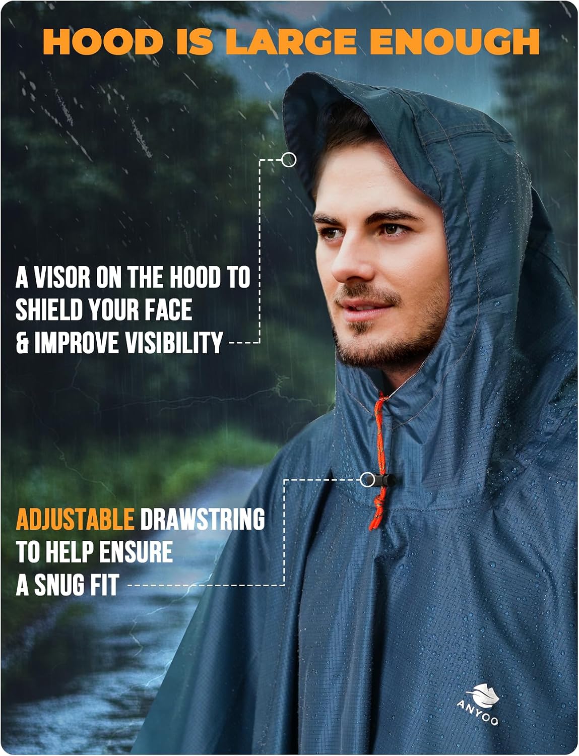 ANYOO Hooded Rain Poncho for Adult Waterproof Lightweight Raincoat | Reusable Rain Jacket for Men Women Portable Pouch & Packable Design,Emergency Travel Rain Ponchos for Outdoor Hiking Camping
