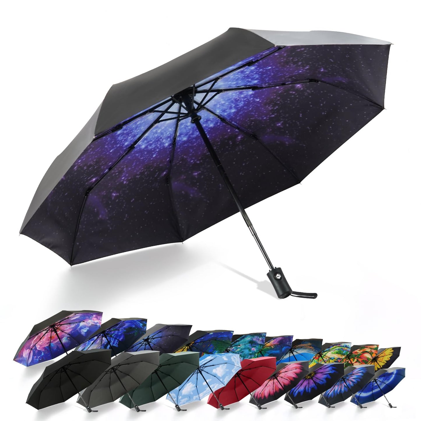 SY COMPACT Travel Umbrella - Windproof Automatic Compact Umbrellas for Rain | Small & Portable, UV Sun Protection, 11" Folded Travel Size, Fits in Backpack & Car, for Walking & Commutes, Factory Direct