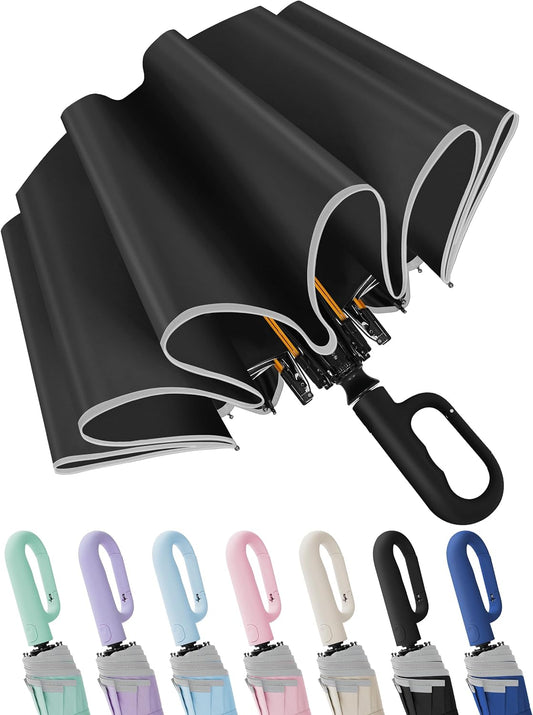 Seniny Travel Umbrella with UV Sun Protection, Large Rain Umbrellas, Black | One-Touch Automatic Umbrella with Carabiner Handle & Reflective Strip, Portable Compact Umbrella for Car Backpack