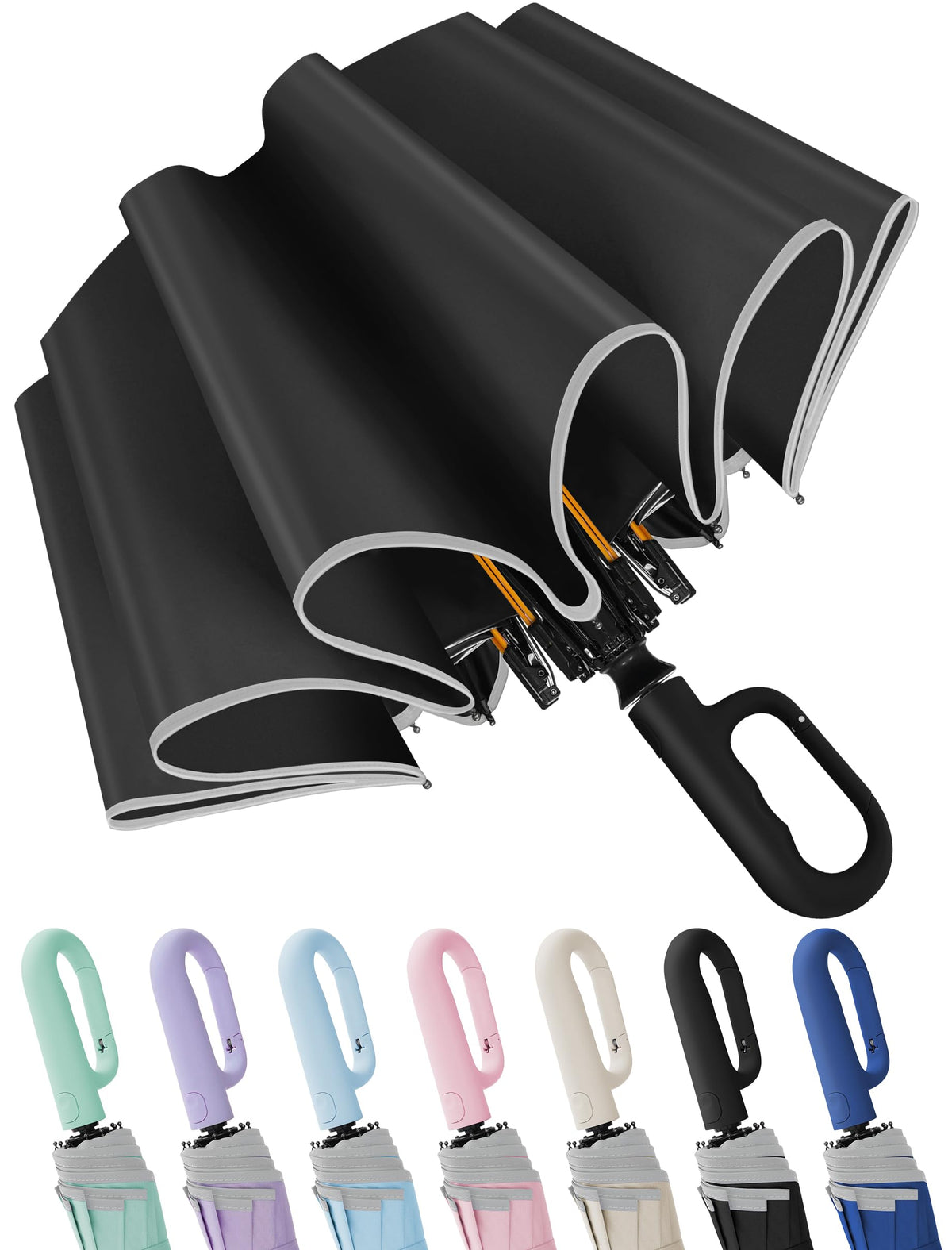 Seniny Travel Umbrella with UV Sun Protection, Large Rain Umbrellas, Black | One-Touch Automatic Umbrella with Carabiner Handle & Reflective Strip, Portable Compact Umbrella for Car Backpack