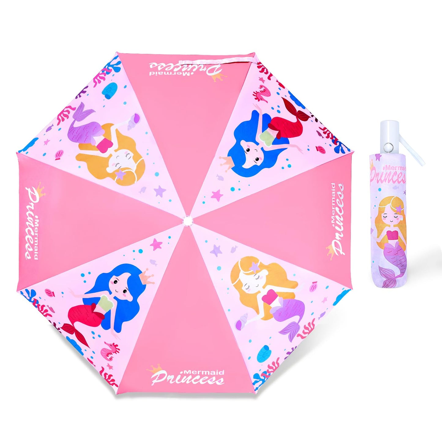 Kids Folding Umbrella Auto Open/Close Anti-rebound Safe Design UV Resistant Automatic Children Travel Umbrellas 8 Rib Reinforced Canopy 360° Reflective Strip Lightweight Cute Umbrella for Girls & Boys