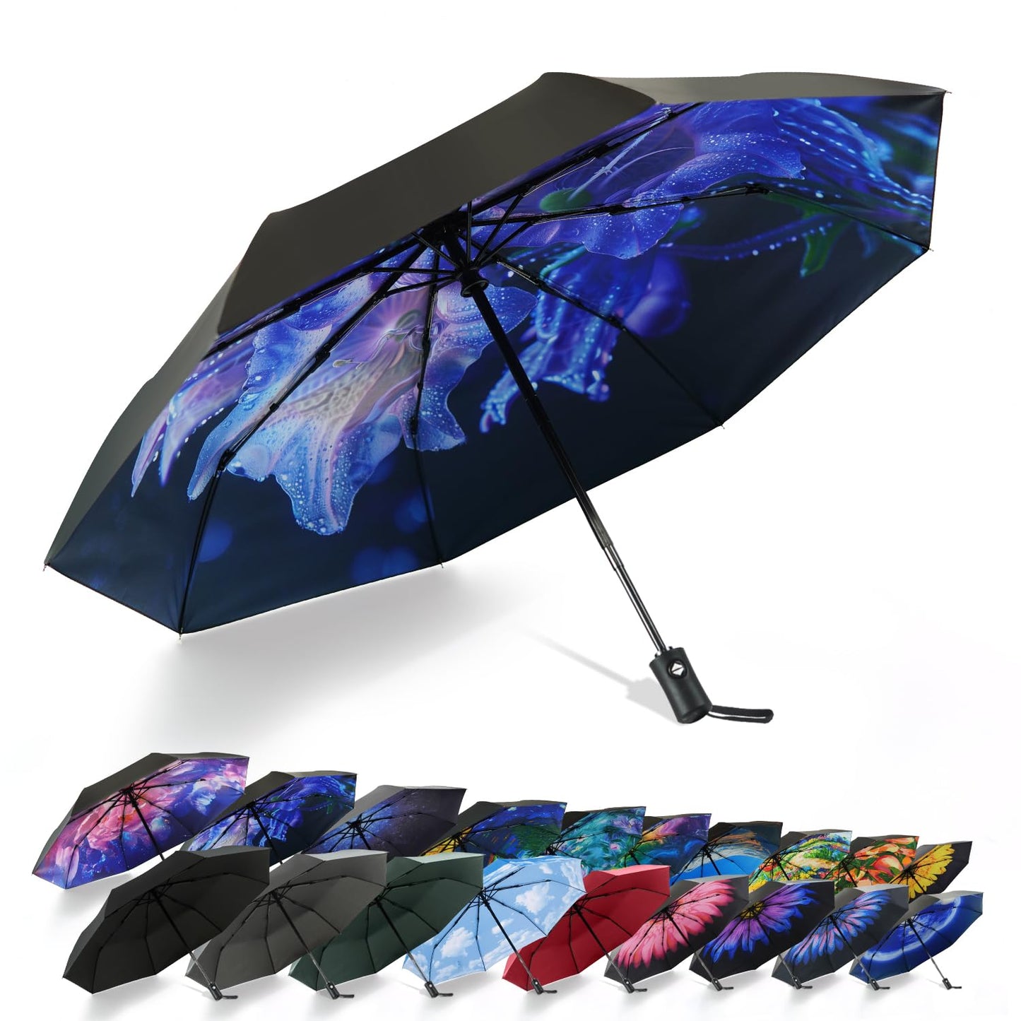 SY COMPACT Travel Umbrella - Windproof Automatic Compact Umbrellas for Rain | Small & Portable, UV Sun Protection, 11" Folded Travel Size, Fits in Backpack & Car, for Walking & Commutes, Factory Direct