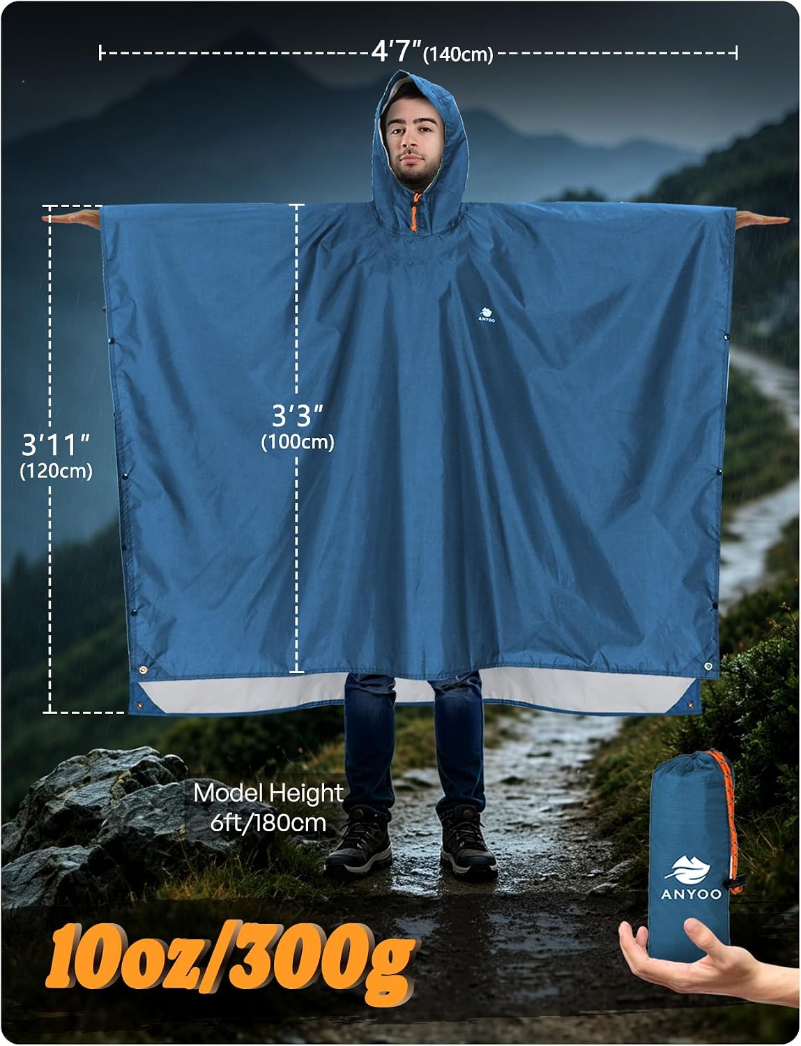 ANYOO Hooded Rain Poncho for Adult Waterproof Lightweight Raincoat | Reusable Rain Jacket for Men Women Portable Pouch & Packable Design,Emergency Travel Rain Ponchos for Outdoor Hiking Camping