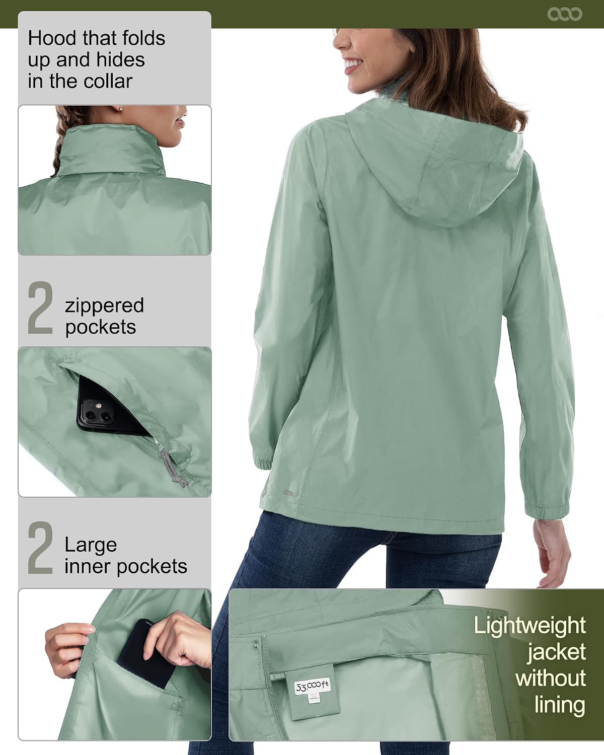 33,000ft Women's Rain Jacket Waterproof Lightweight Packable Raincoat with Hood for Golf Hiking Travel Windbreaker