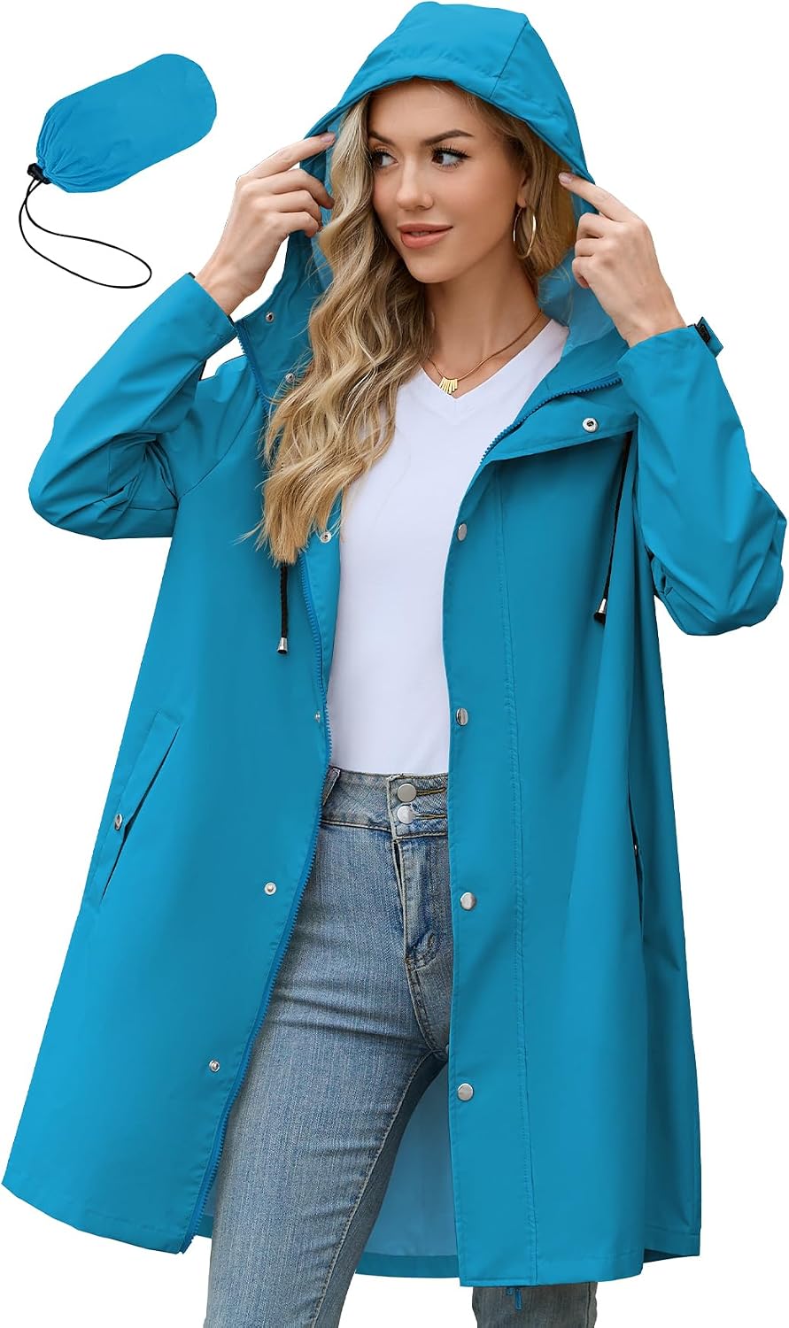 Zando Long Packable Rain Jacket Women Waterproof Raincoat with Hood | Relaxed-Fit Lightweight Windbreaker for Women; Travel Rain Coats for Commute, Hiking, Cruise, and Daily wear
