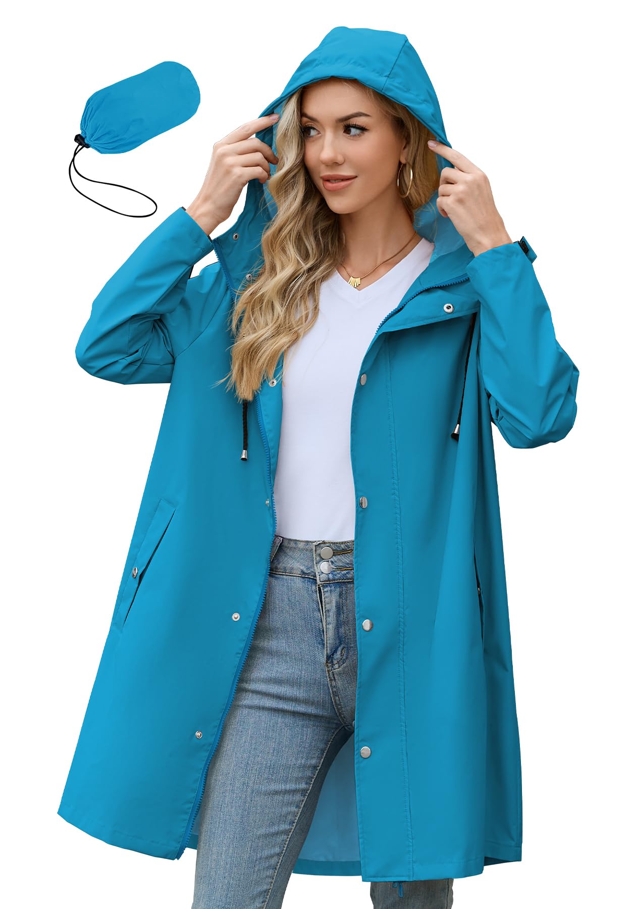 Zando Long Packable Rain Jacket Women Waterproof Raincoat with Hood | Relaxed-Fit Lightweight Windbreaker for Women; Travel Rain Coats for Commute, Hiking, Cruise, and Daily wear