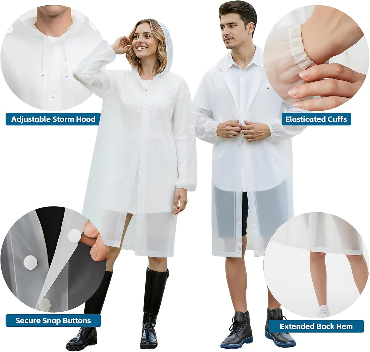 (2 Pack) Rain Ponchos for Adults Reusable, Waterproof EVA Raincoats | Raincoats with Hood and Drawstring for Women & Men, Lightweight Emergency Raincoats for Theme Parks and Music Festivals