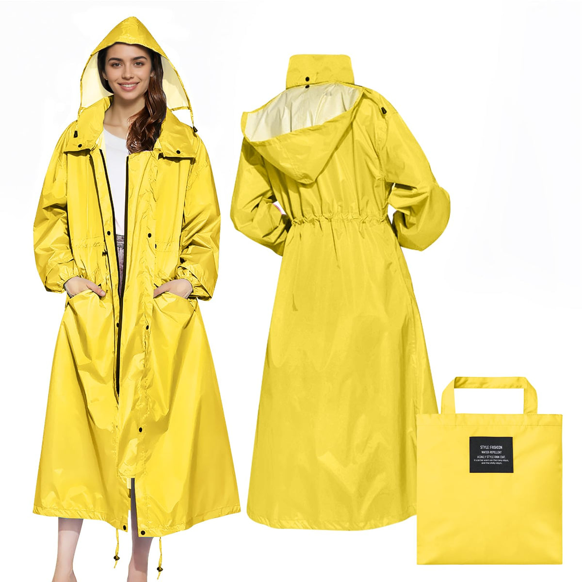 LAMA Womens Long Raincoats Rain Jacket Waterproof Packable Hooded Windbreaker Lightweight Adjustable Waist for Outdoor