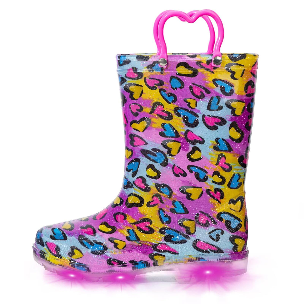 EUXTERPA Toddler Kids Light-Up Rain Boots | Waterproof, Glitter, Cartoon Pattern, Easy-On Handles, LED Flashing Non-Slip Sole, Puddle Play, Outdoor, Children Girls Boys