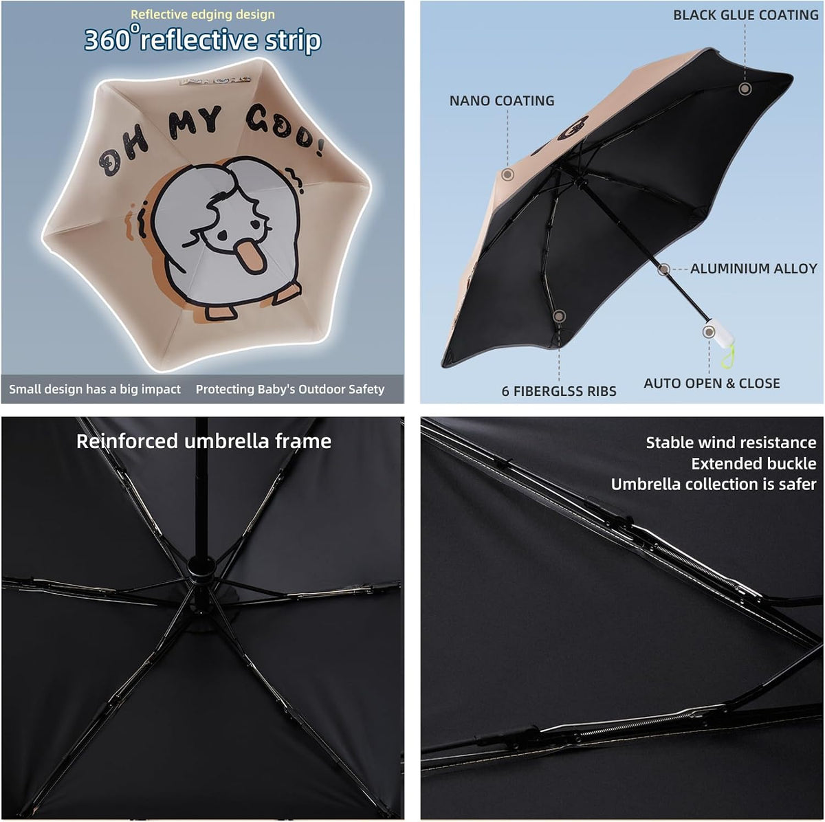 Rounded Corner Folding Umbrella Anti-UV Compact Durable Umbrella Auto Open/Close Lightweight Backpack Cute Cartoon Umbrella for Girls & Boys