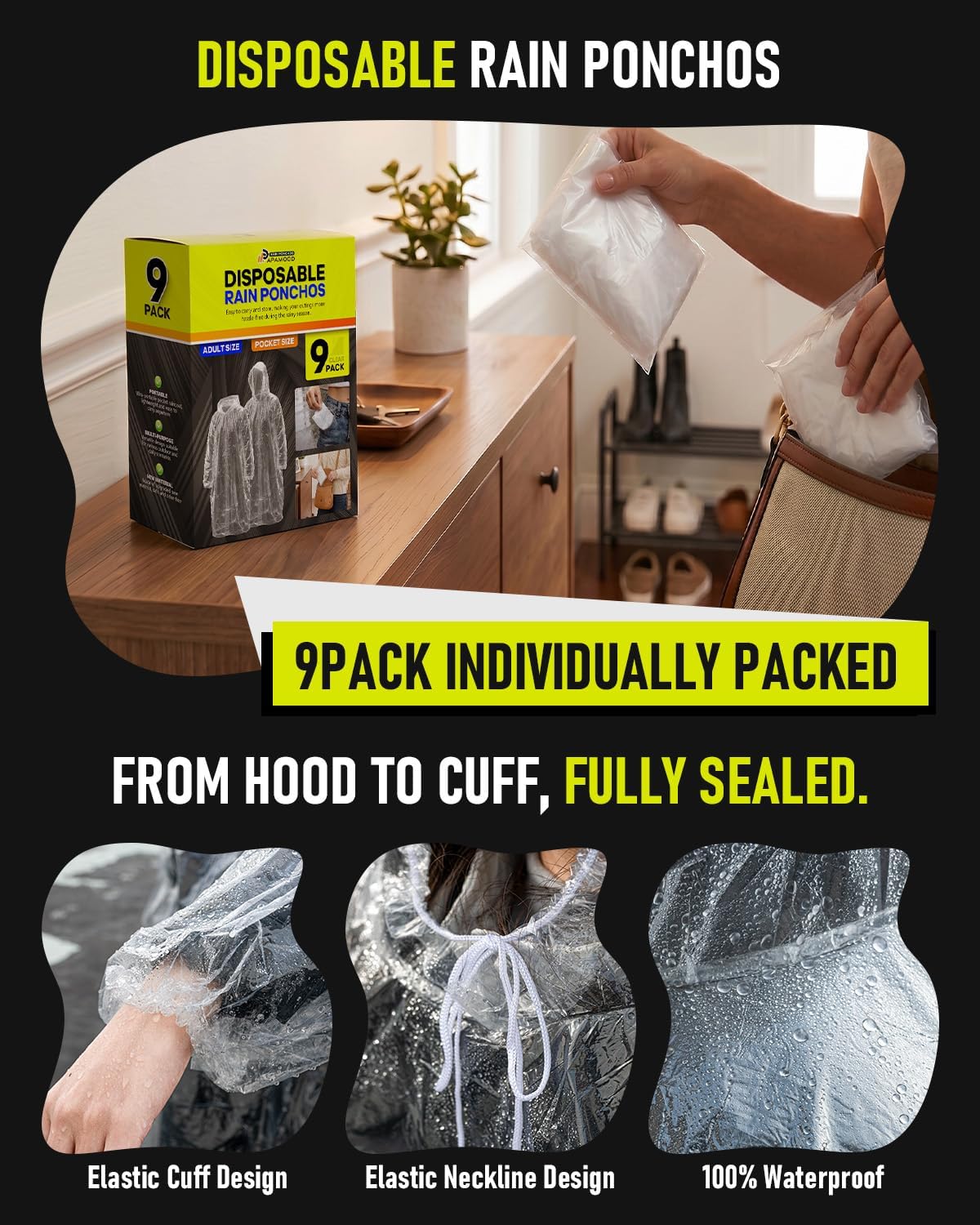 Disposable Rain Ponchos for Adults, 9 Pack Emergency Ponchos | Waterproof, Lightweight, Clear Raincoats with Drawstring Hood & Elastic Cuffs, Individually Packed for Travel Camping Hiking