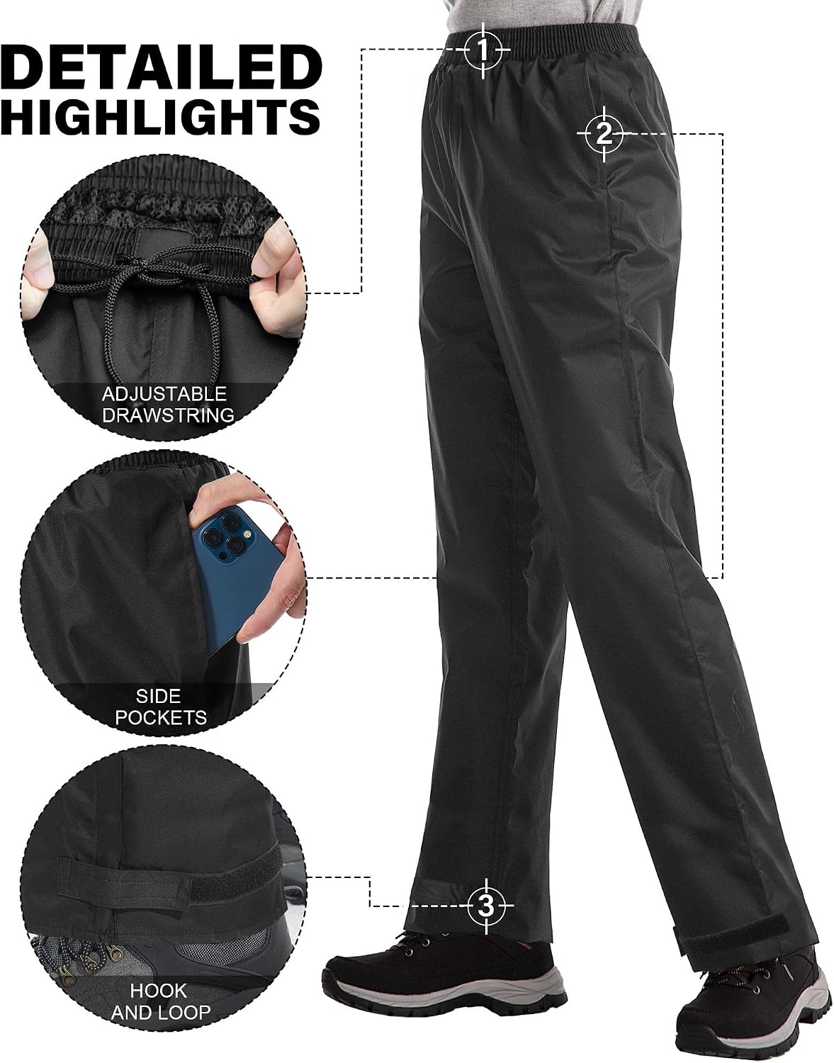 iCreek Women's Rain Pants Waterproof Breathable Lightweight Rain Over Pants | Breathable Mesh Lining, Pants Leg Zipper, Hook & Loop, Suitable for Hiking, Fishing, Golf, Work and Daily Wear