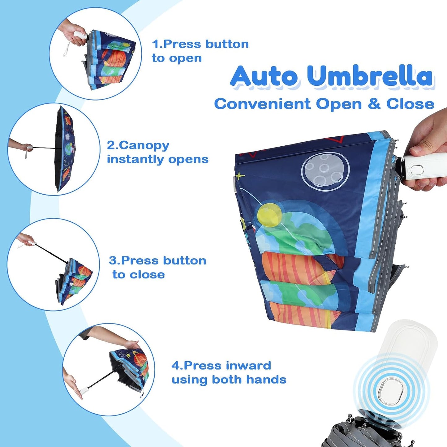Autoamtic Kids Umbrella UV Resistant, Folding Compact Umbrella 360° Reflective Strip for Travel Outdoor, Lightweight Cute Kids Parasol Anti-rebound Safe for Toddler