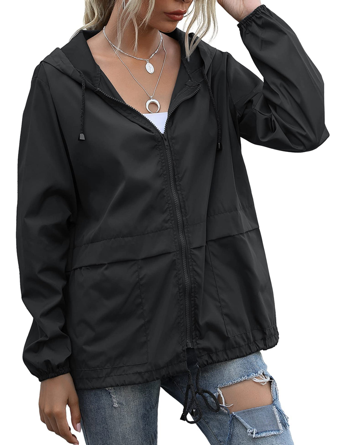 Women's Raincoats Lightweight Waterproof Rain Jackets | Packable Windbreaker Hooded with Pockets for Travel Outdoor
