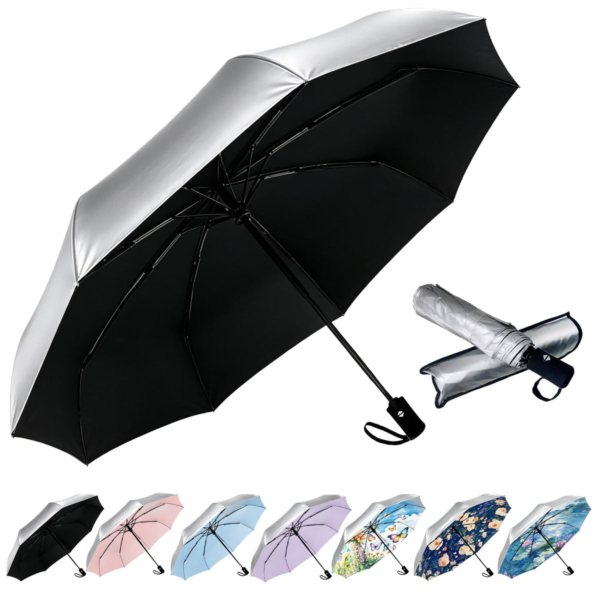 Compact Travel Umbrella - Windproof Auto Open/Close, Small Folding Umbrella for Rain & Sun with UPF50+ - Lightweight Frame, Waterproof - Fits Backpack, Purse, Suitcase.(Garden Butterfly)