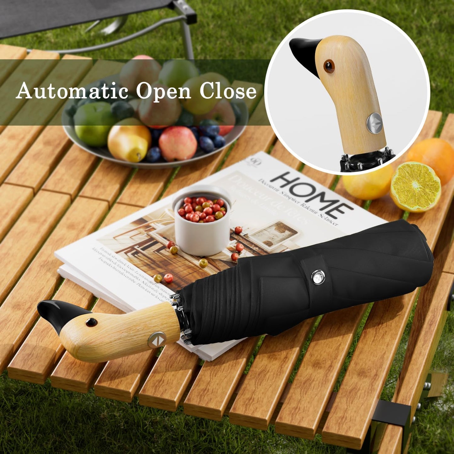 Duck Umbrella Cute Automatic Travel Size Compact Folding for Adults | Automatic duck wooden handle,Fit in handbag/backpack/suitcase,ideal gifts for women and kids