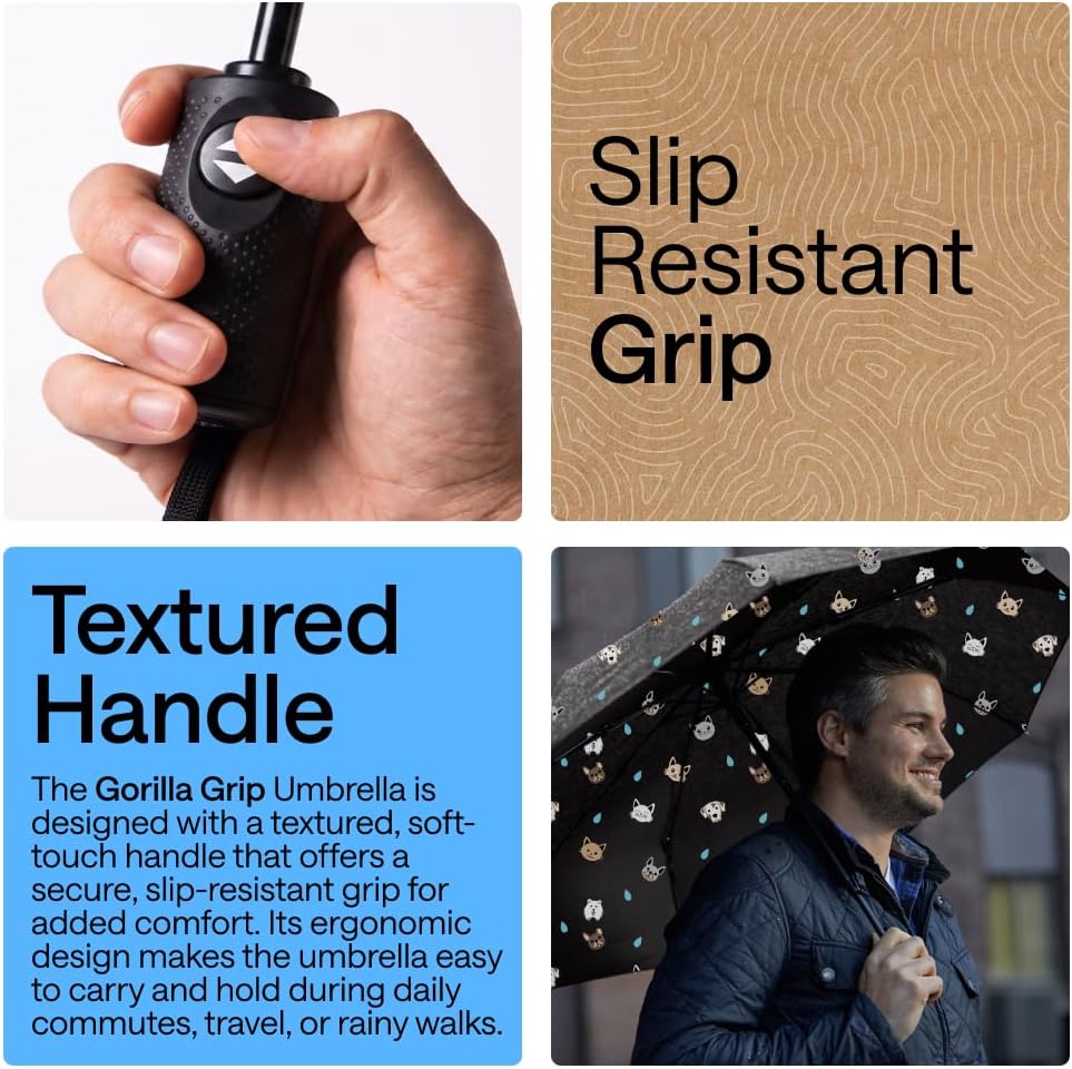 GORILLA GRIP Compact Travel Size Umbrella for Rain, Sleek Design Fits Backpack, Purse and Carry On, Lightweight Under 1lb, One Click Open and Close, Wind Resistant, Durable Waterproof, Cats Dogs