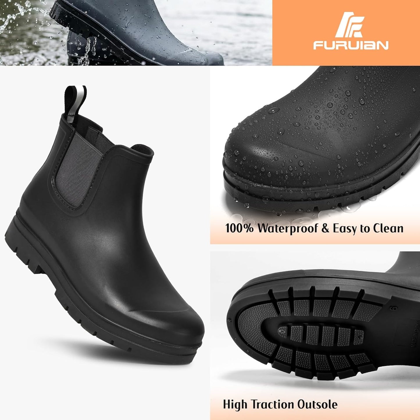 Furuian Women's Ankle Rain Boots Waterproof Chelsea Rain Boots Rubber Boots Women Short Garden Boots Anti Slip Outdoor Lightweight Work Booties