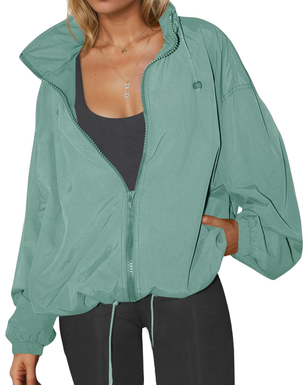 Womens Waterproof Rain Jackets Lightweight Zip Up Raincoat Outdoor Hiking Hooded Windbreaker with Pocket