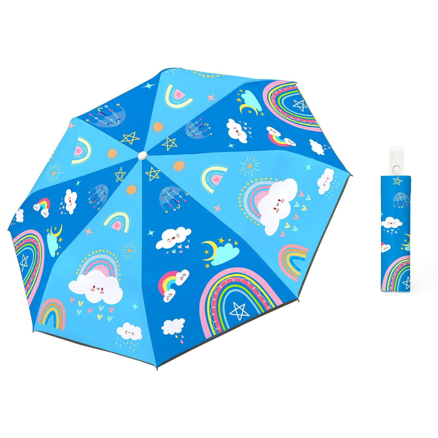 Autoamtic Kids Umbrella UV Resistant, Folding Compact Umbrella 360° Reflective Strip for Travel Outdoor, Lightweight Cute Kids Parasol Anti-rebound Safe for Toddler