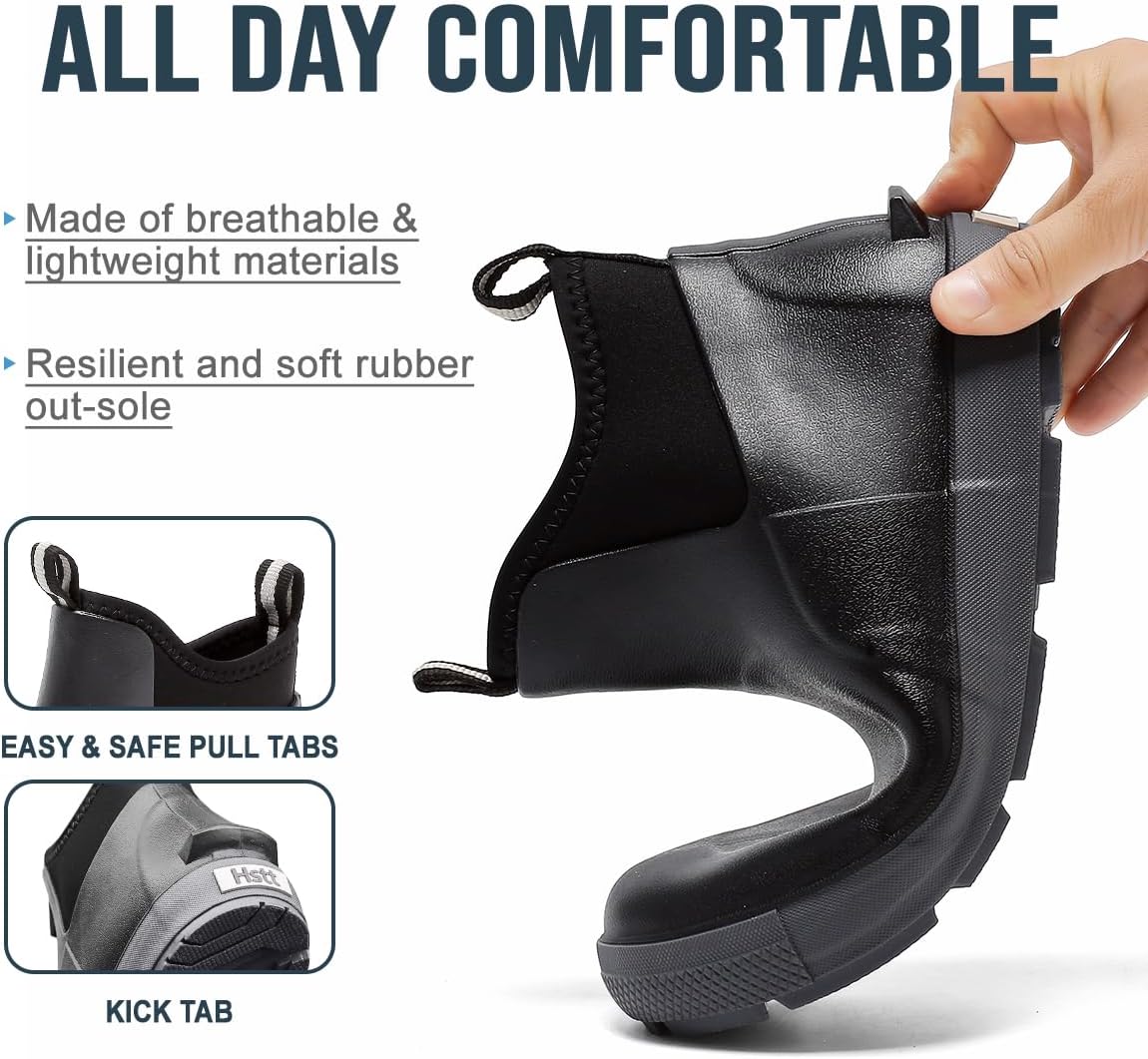 Men's Deck Boots, Waterproof Ankle Rain Boots, Rubber Fishing Boots for Men | Non-Slip Traction, Neoprene Construction, Dual Pull Tabs, Garden Boots for Boating, Sailing, Camping, Farming & Outdoor Work