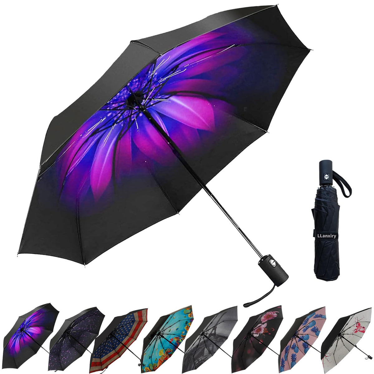 LLanxiry Compact Travel Umbrella, Windproof Automatic Umbrellas for Rain | Small, Portable, Folding, Lightweight, Waterproof, Backpacks, Purses, Cars, Commuting, Walk, School, Men, Women
