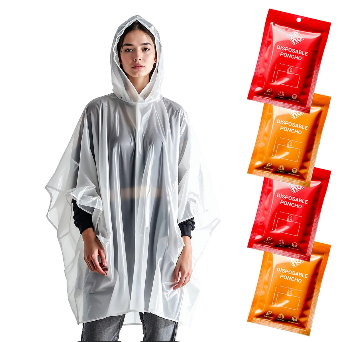 ZENO Disposable Rain Ponchos for Adults - Clear with Hood, Compact Emergency Ponchos for Hiking, Camping, Travel