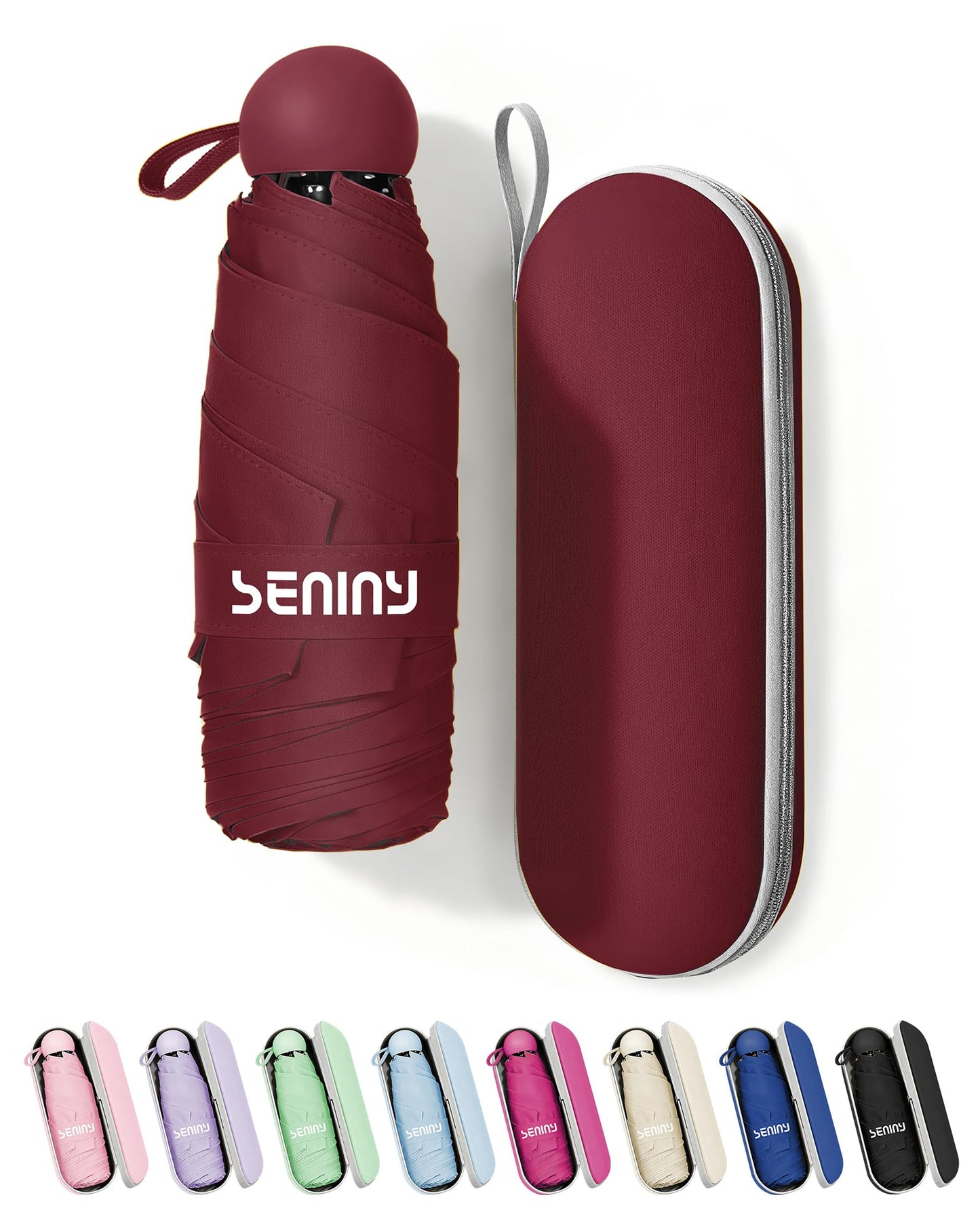 Seniny Mini Travel Umbrella with Case, Compact Pocket Size UV Sun & Rain | Tiny purse size fits pocket, UV protection waterproof fabric, lightweight folding, great for women kids daily travel
