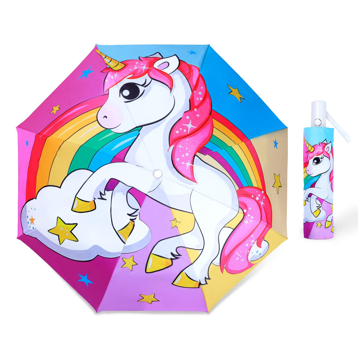 Kids Folding Umbrella Auto Open/Close Anti-rebound Safe Design UV Resistant Automatic Children Travel Umbrellas 8 Rib Reinforced Canopy 360° Reflective Strip Lightweight Cute Umbrella for Girls & Boys