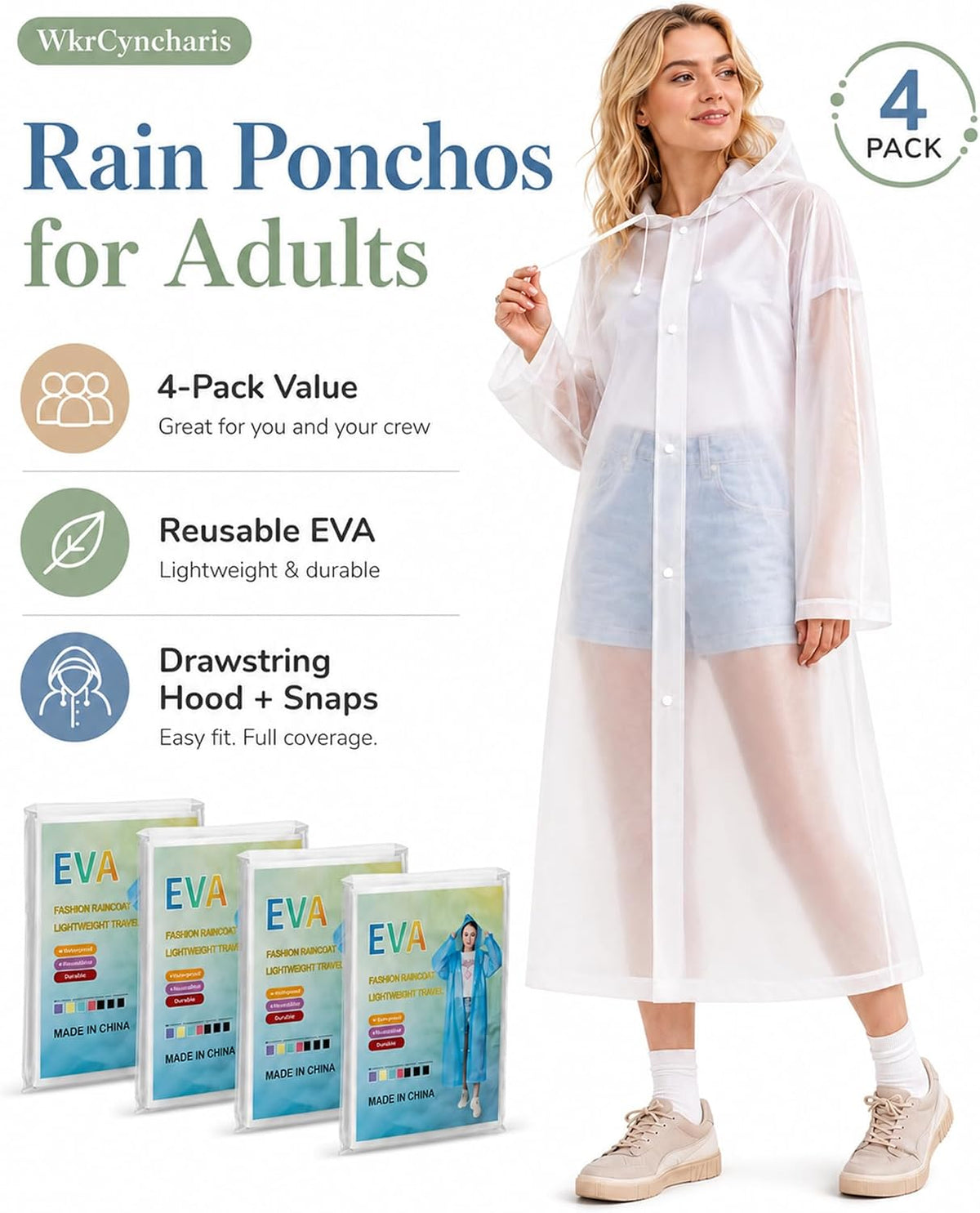 Rain Ponchos for Adults - 4 Pack Reusable EVA Waterproof Rain Jackets | 4-Pack Family Set, Drawstring Hood Snap Button Fastener Wide Cuff Packable for Theme Park Concert Sports Fishing Emergency
