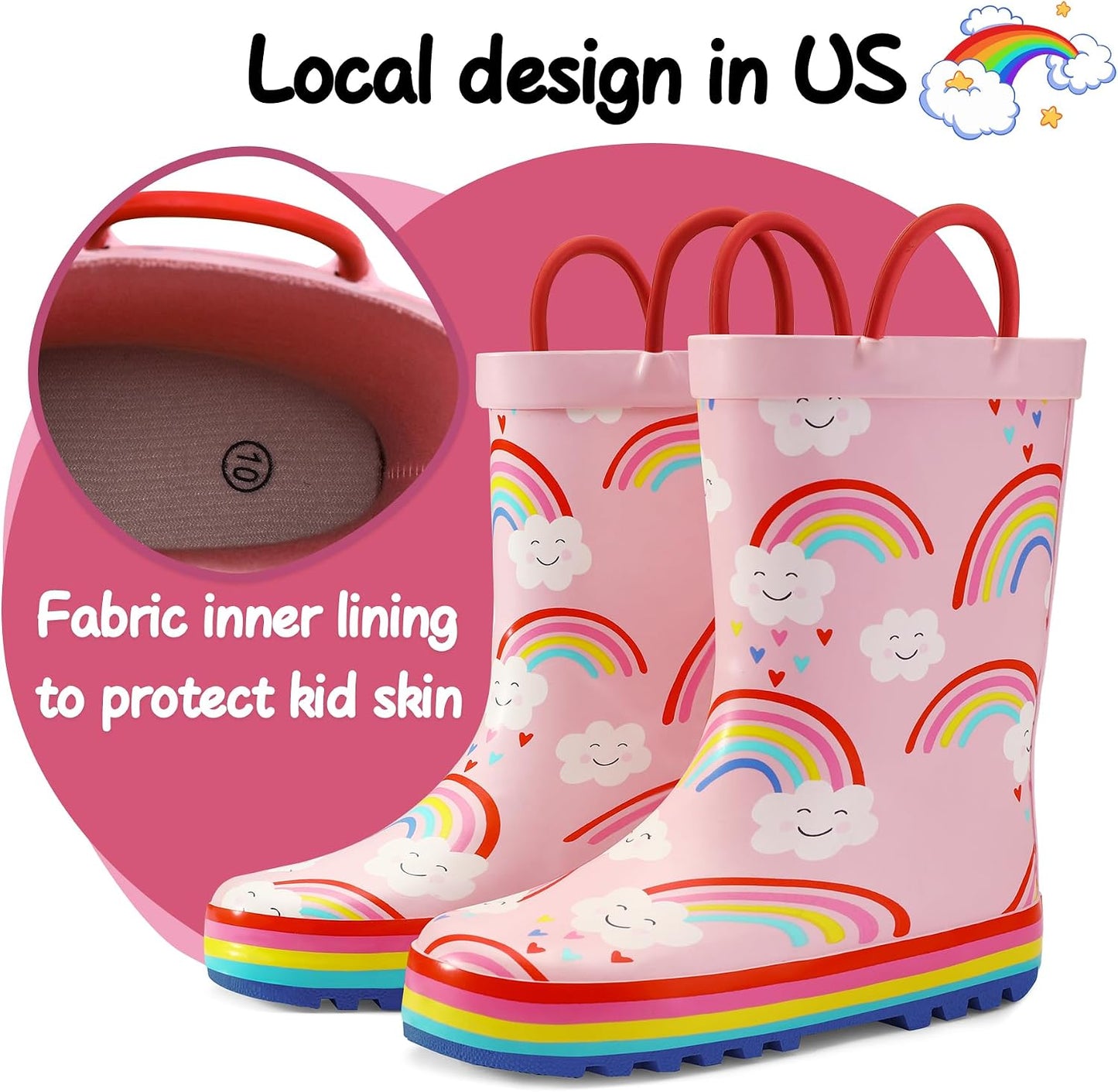 Kids Rain Boots Waterproof Printed Rubber boots with Handles | Slip on, Double Handles,Slip Resistant