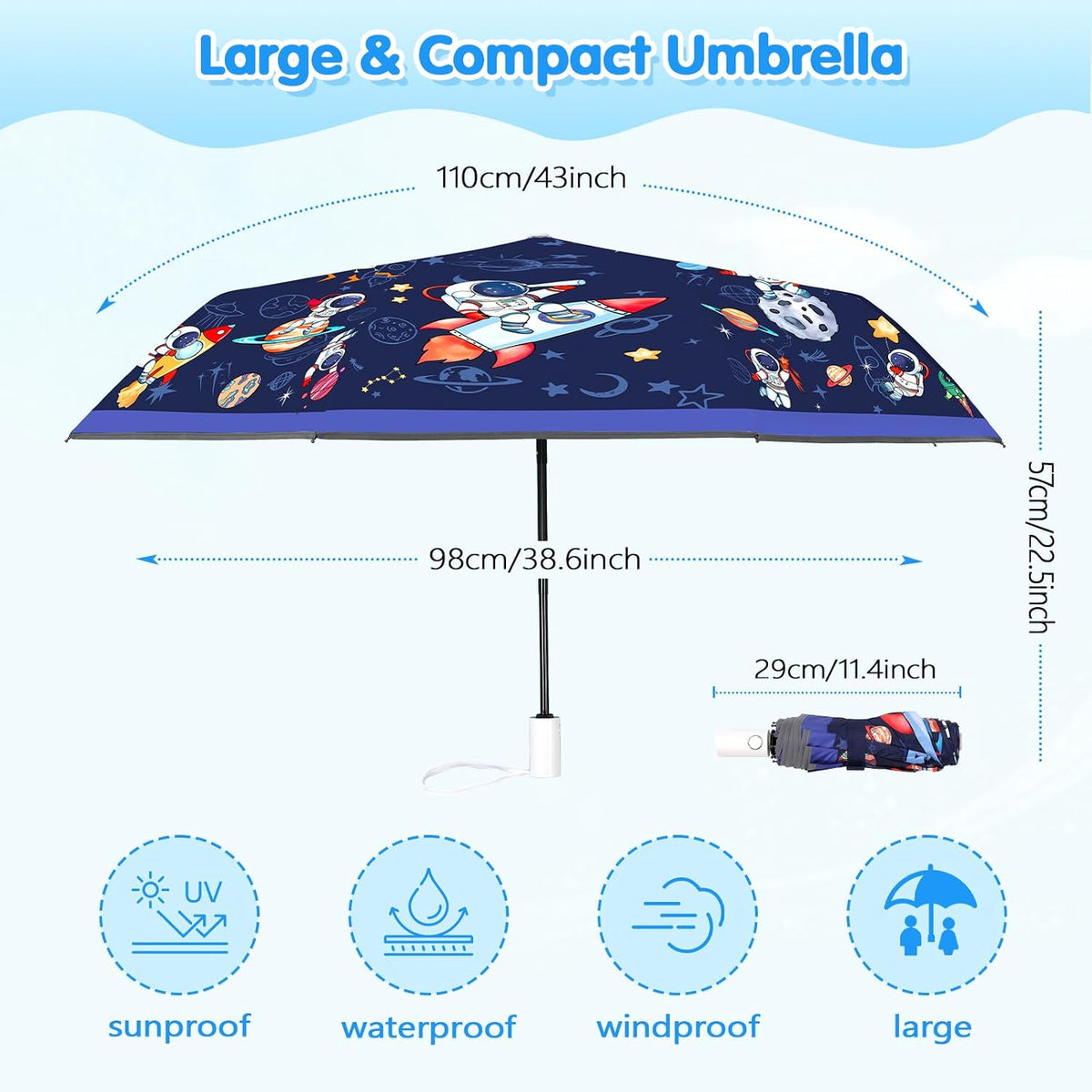 Kids Folding Umbrella Auto Open/Close Anti-rebound Safe Design UV Resistant Automatic Children Travel Umbrellas 8 Rib Reinforced Canopy 360° Reflective Strip Lightweight Cute Umbrella for Girls & Boys