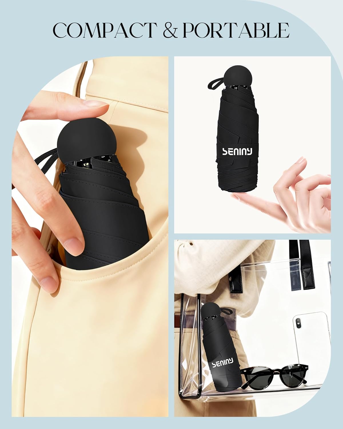 Seniny Mini Travel Umbrella with Case, Compact Pocket Size UV Sun & Rain | Tiny purse size fits pocket, UV protection waterproof fabric, lightweight folding, great for women kids daily travel