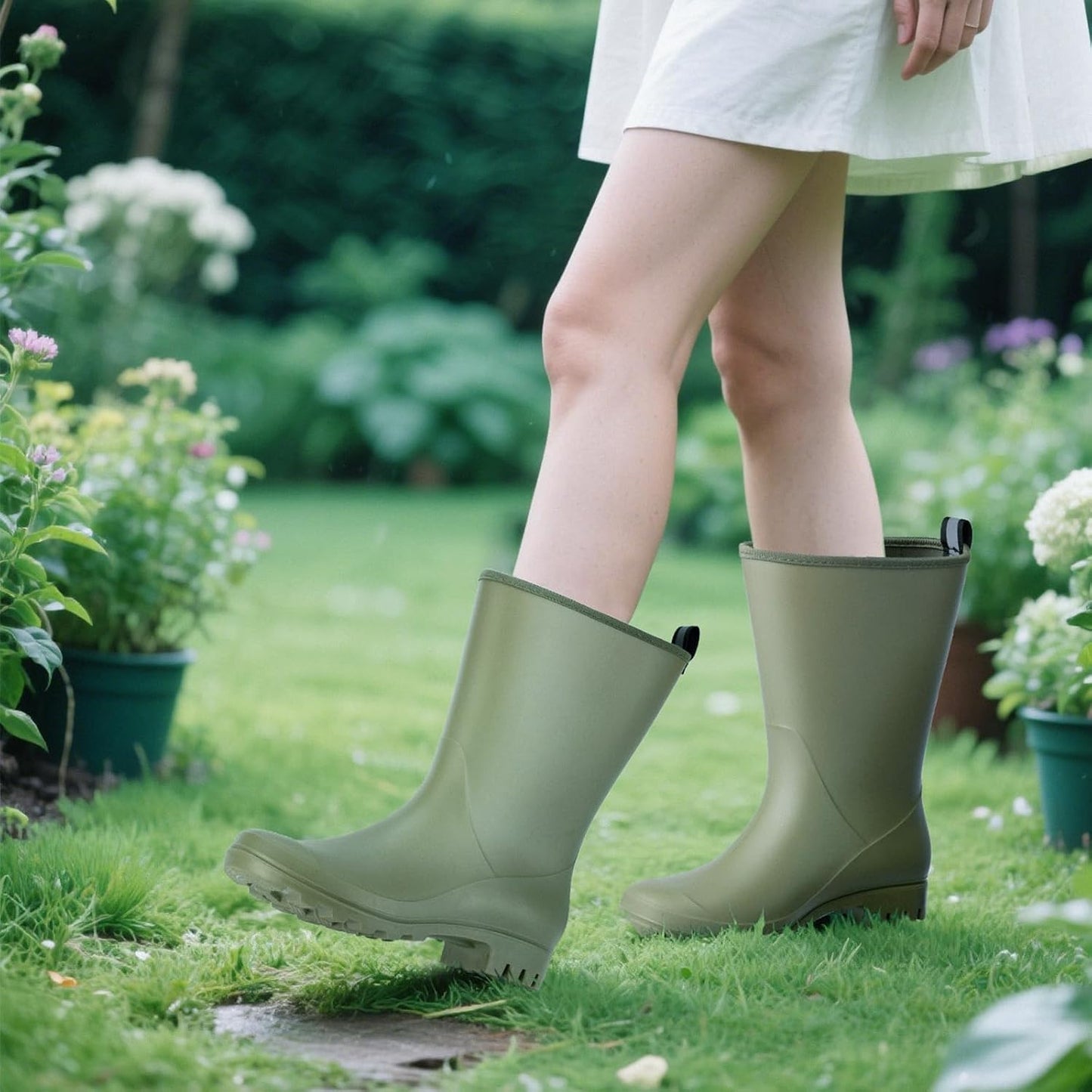 Wide Calf Women's Rain Boots Waterproof PVC Rubber Garden Boot Outdoor | Mid Height Women Rubber Boot Rain Shoes for Outdoor Matte Surface Gardening Rainboots Work Walking