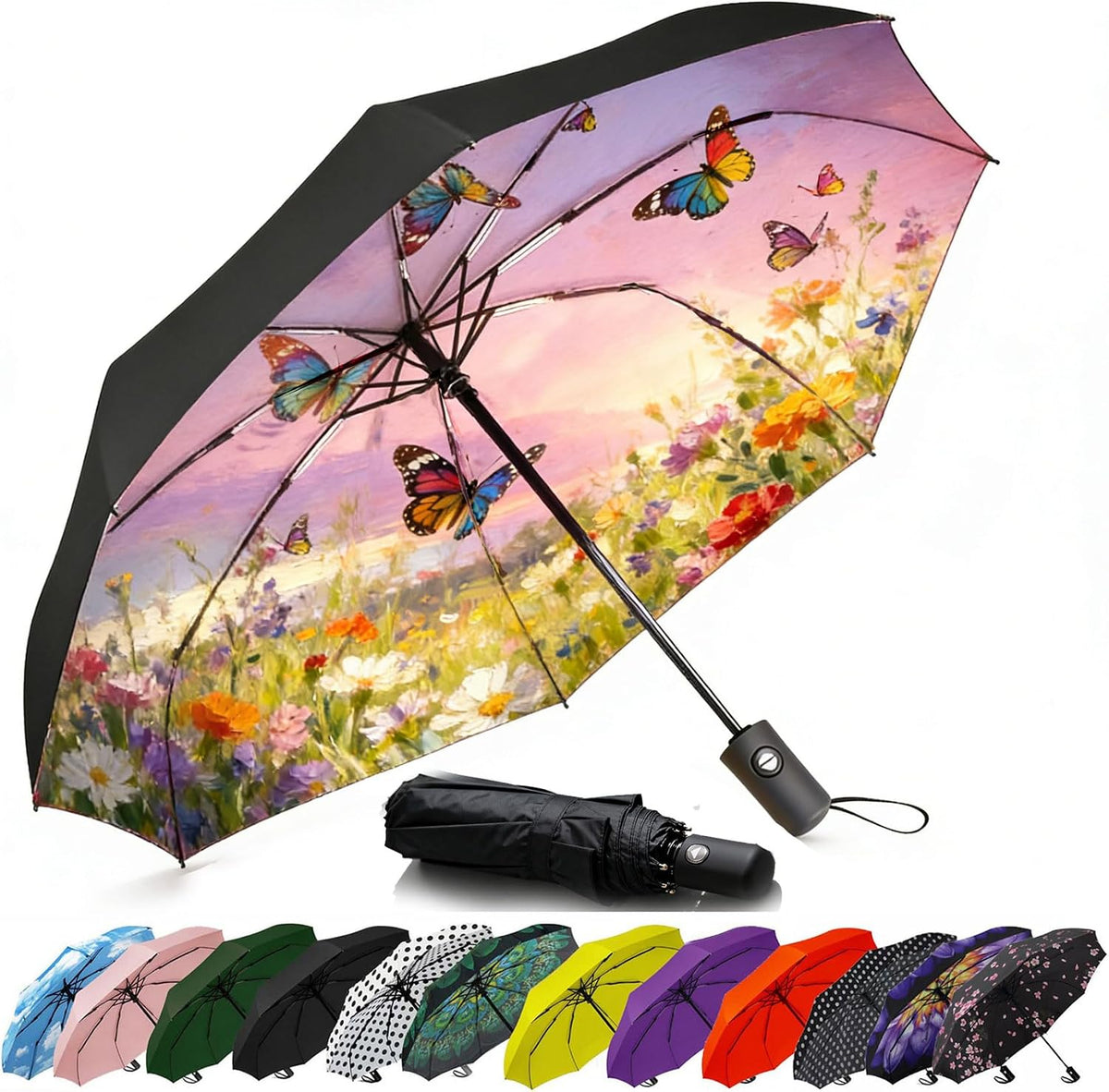 Compact Travel Umbrella - Windproof Auto Open/Close, Small Folding Umbrella for Rain & Sun with UPF50+ - Lightweight Frame, Waterproof - Fits Backpack, Purse, Suitcase.(Garden Butterfly)