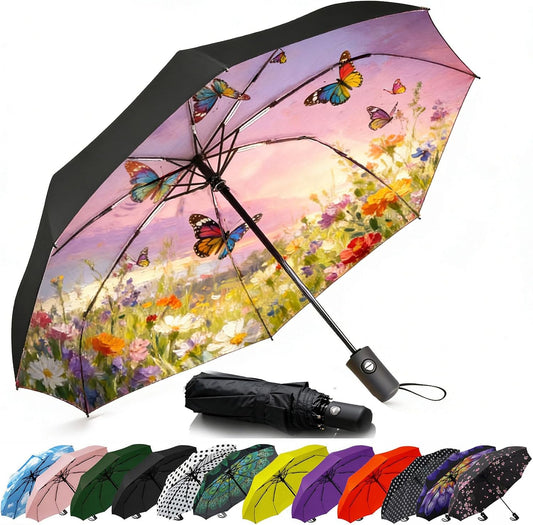 Compact Travel Umbrella - Windproof Auto Open/Close, Small Folding Umbrella for Rain & Sun with UPF50+ - Lightweight Frame, Waterproof - Fits Backpack, Purse, Suitcase.(Garden Butterfly)