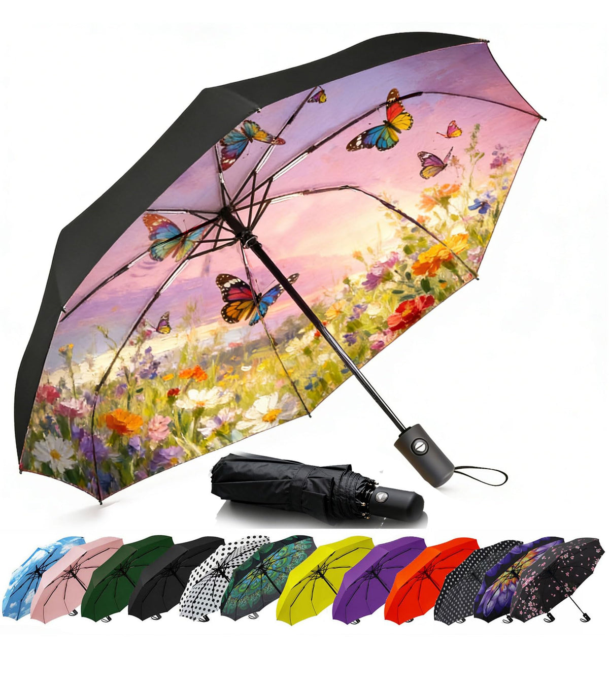 Compact Travel Umbrella - Windproof Auto Open/Close, Small Folding Umbrella for Rain & Sun with UPF50+ - Lightweight Frame, Waterproof - Fits Backpack, Purse, Suitcase.(Garden Butterfly)