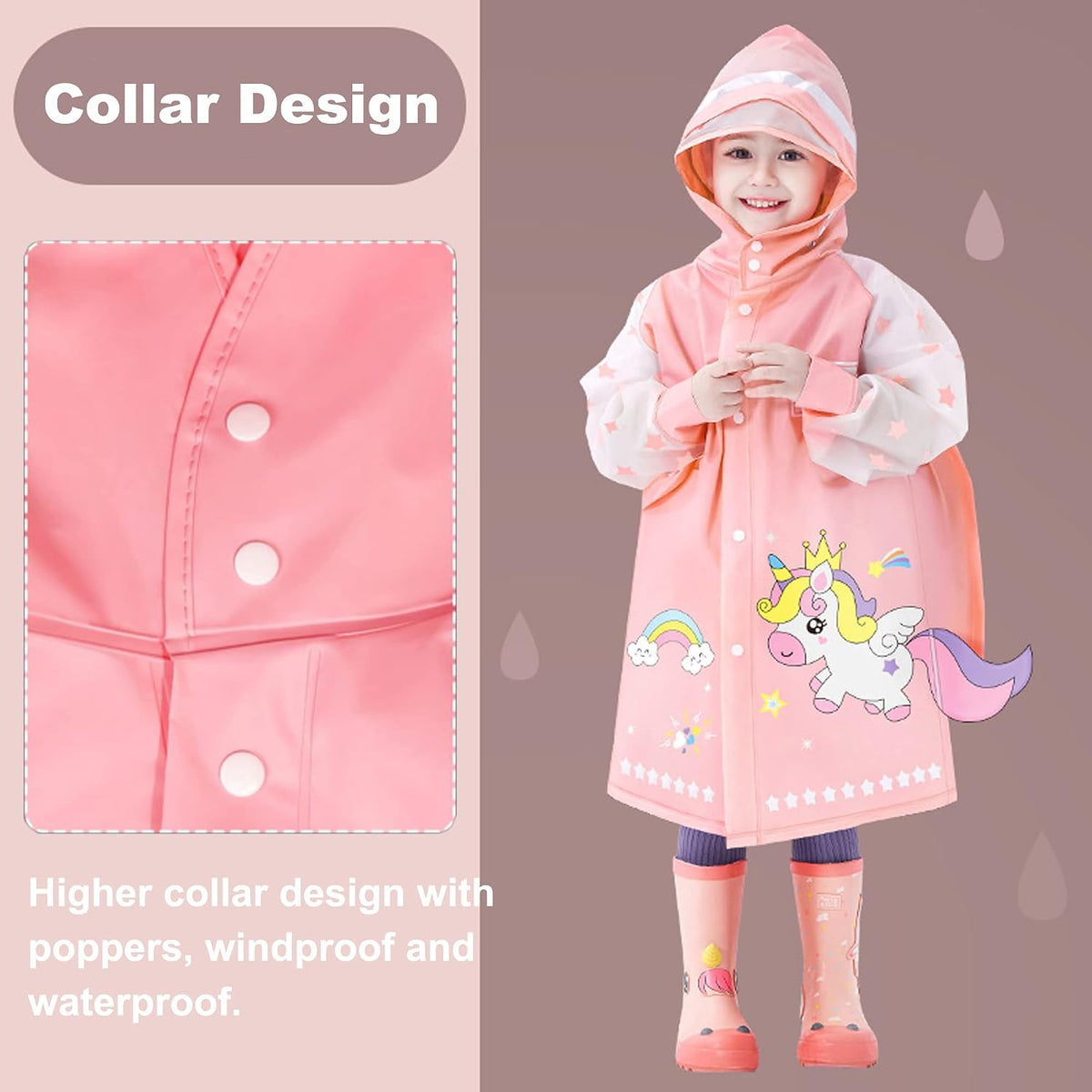 Fewlby Kids Raincoats For Girls Boys Waterproof Rain Jacket Cartoon Unicorn Children Toddler Rain Wear Children Rain Poncho M Size 3-4 Years
