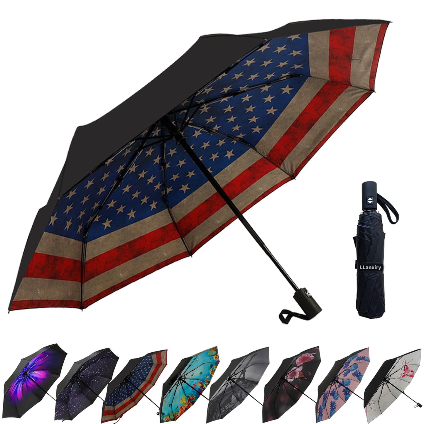 LLanxiry Compact Travel Umbrella, Windproof Automatic Umbrellas for Rain | Small, Portable, Folding, Lightweight, Waterproof, Backpacks, Purses, Cars, Commuting, Walk, School, Men, Women