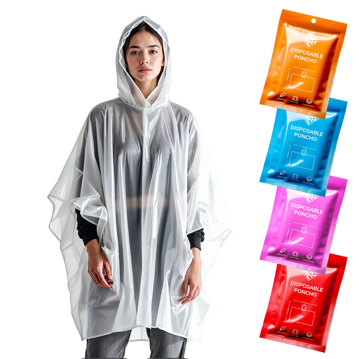 ZENO Disposable Rain Ponchos for Adults - Clear with Hood, Compact Emergency Ponchos for Hiking, Camping, Travel